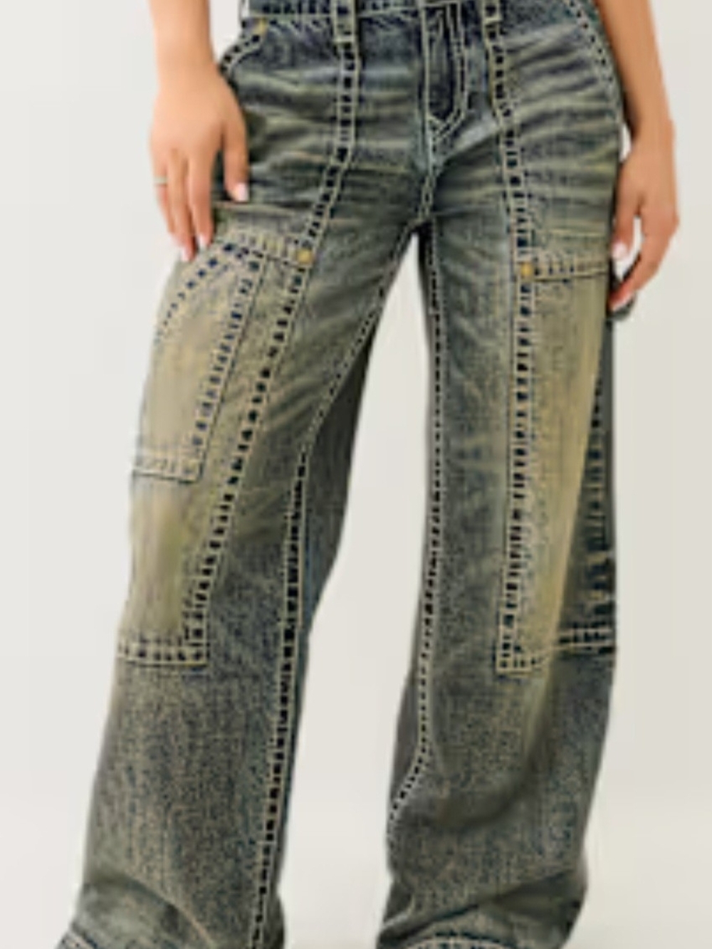 TRUE RELIGION BOBBI BAGGI 32 Wide-Leg Distressed Patchwork Jeans Faded Olive Blu